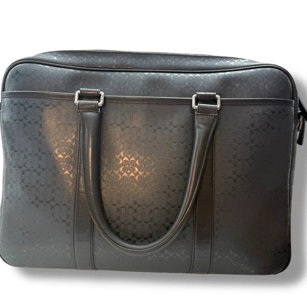Coach Leather Signature Embossed Briefcase Laptop Bag Black - Picture 3 of 7